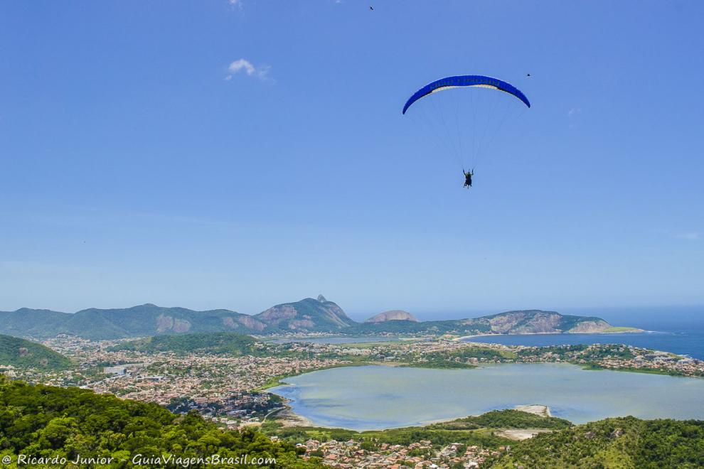 Imagem da vista do parque e um rapaz saltando de paraquedas.